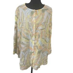 RACHEL ZOE Womens Sz 1X 100% Linen Printed Button Front 3/4 Sleeve Shirt Top